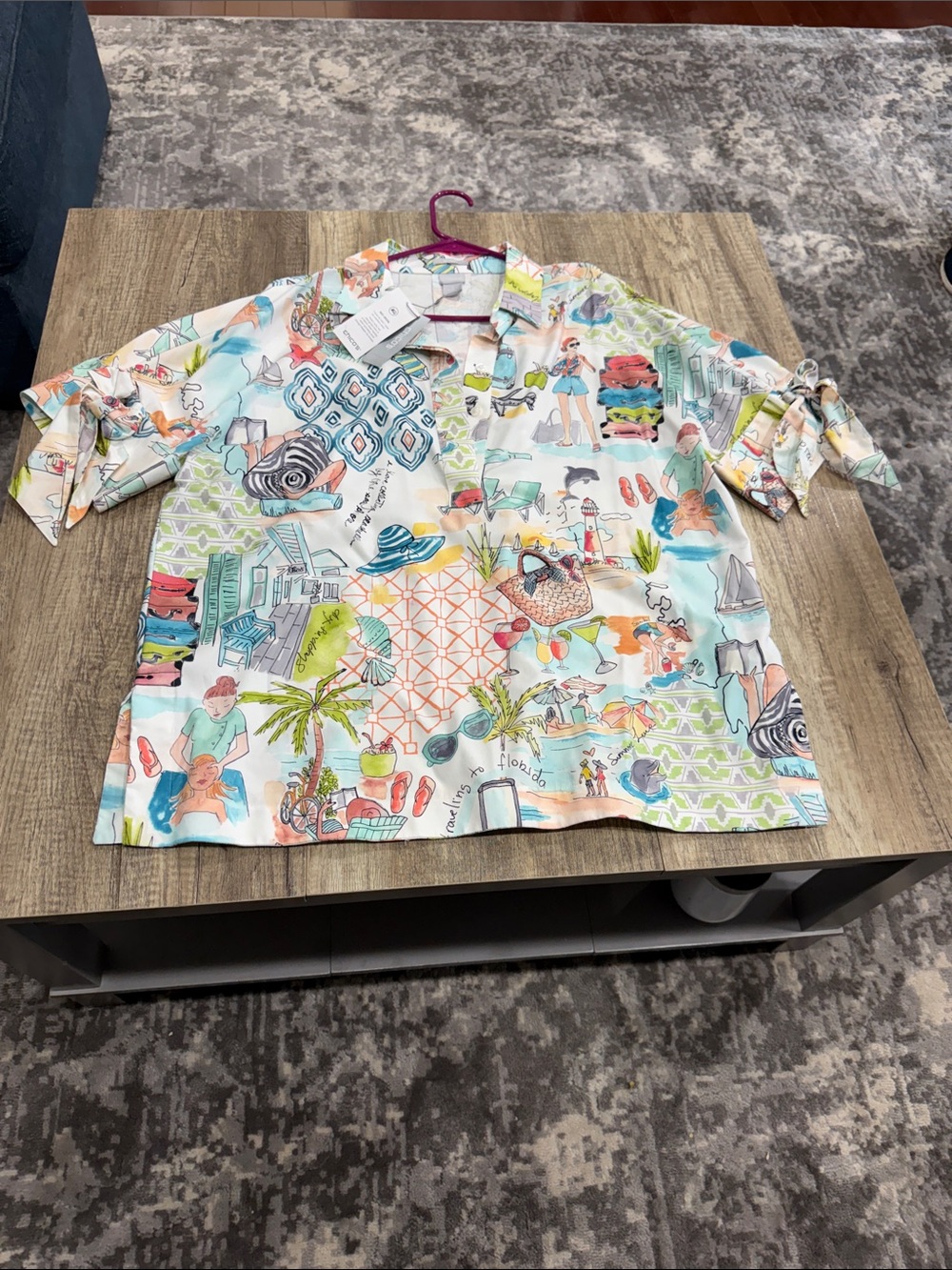 Chico's White Short-Sleeve Button Down Shirt with Pastel Tropical Print